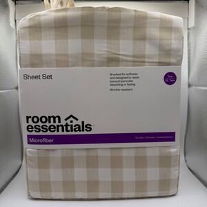 Room Essentials Khaki Gingham Microfiber Sheet Set Twin Twin XL 3pc Tan Check